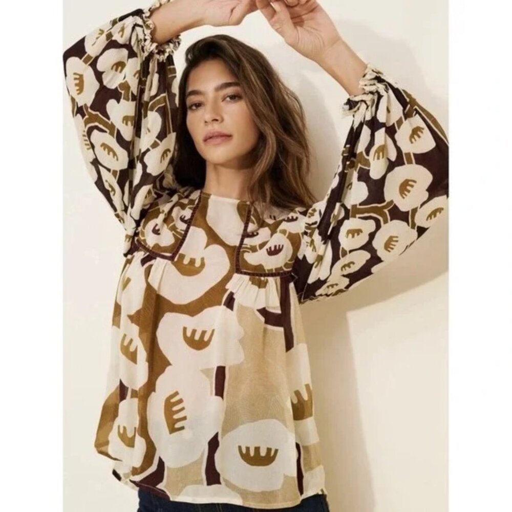 Anthropologie x BL^NK London “Miranda” Peasant Blouse Brown & Ivory Floral XS - Picture 2 of 6